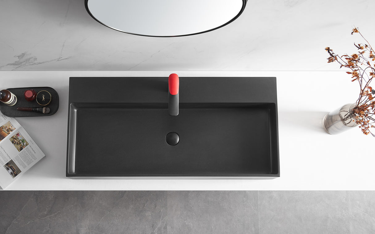 Bathroom sink, Wall-Mount or Countertop Install, 40" Composite Material in Matte Black with Single Faucet Hole， SVWS601-40BK