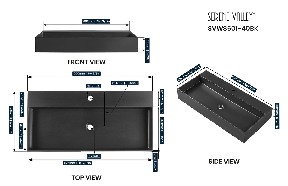 Bathroom sink, Wall-Mount or Countertop Install, 40" Composite Material in Matte Black with Single Faucet Hole， SVWS601-40BK