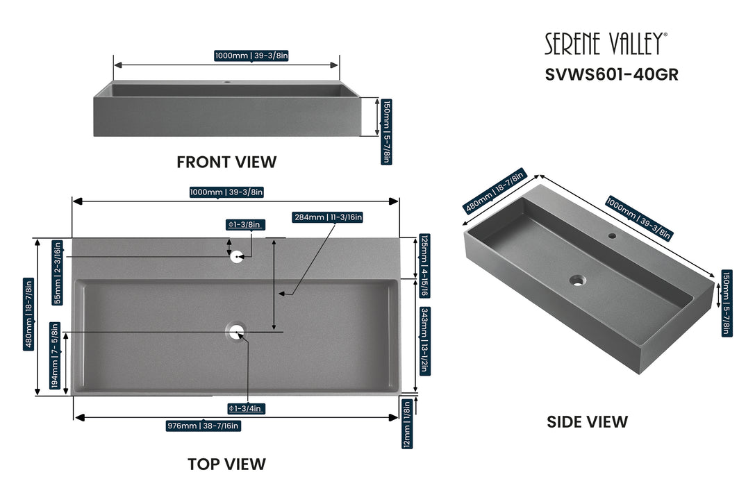 Bathroom sink, Wall-Mount or Countertop Install, 40" Composite Material in Matte Gray with Single Faucet Hole， SVWS601-40GR