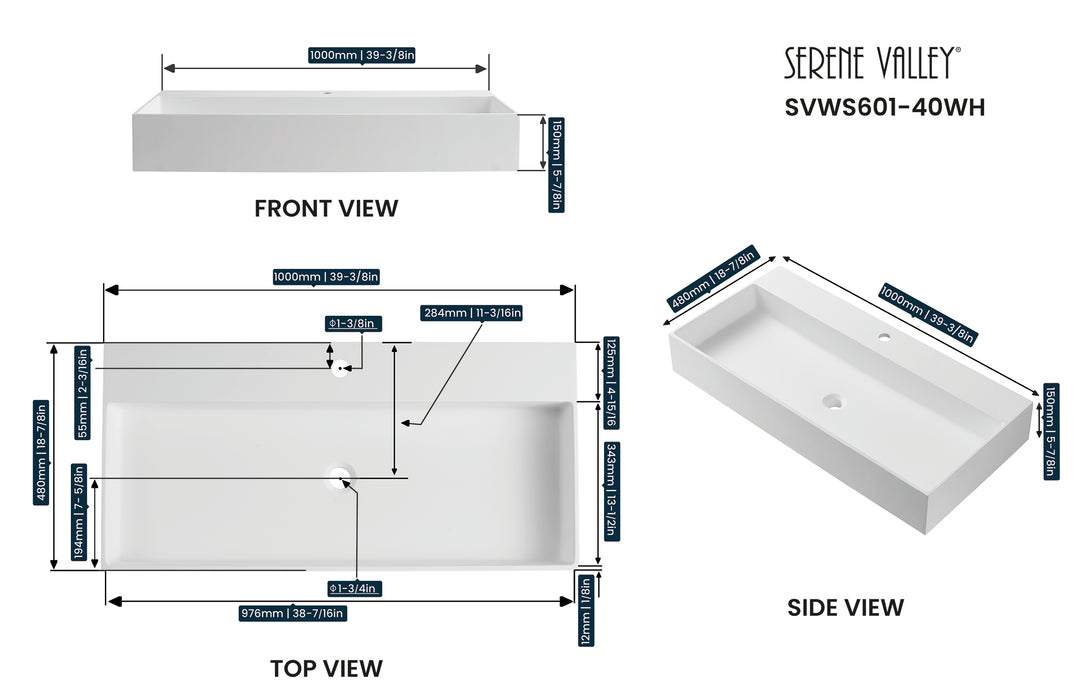 Bathroom sink, Wall-Mount or Countertop Install, 40" Solid Surface in Matte White with Single Faucet Hole， SVWS601-40WH