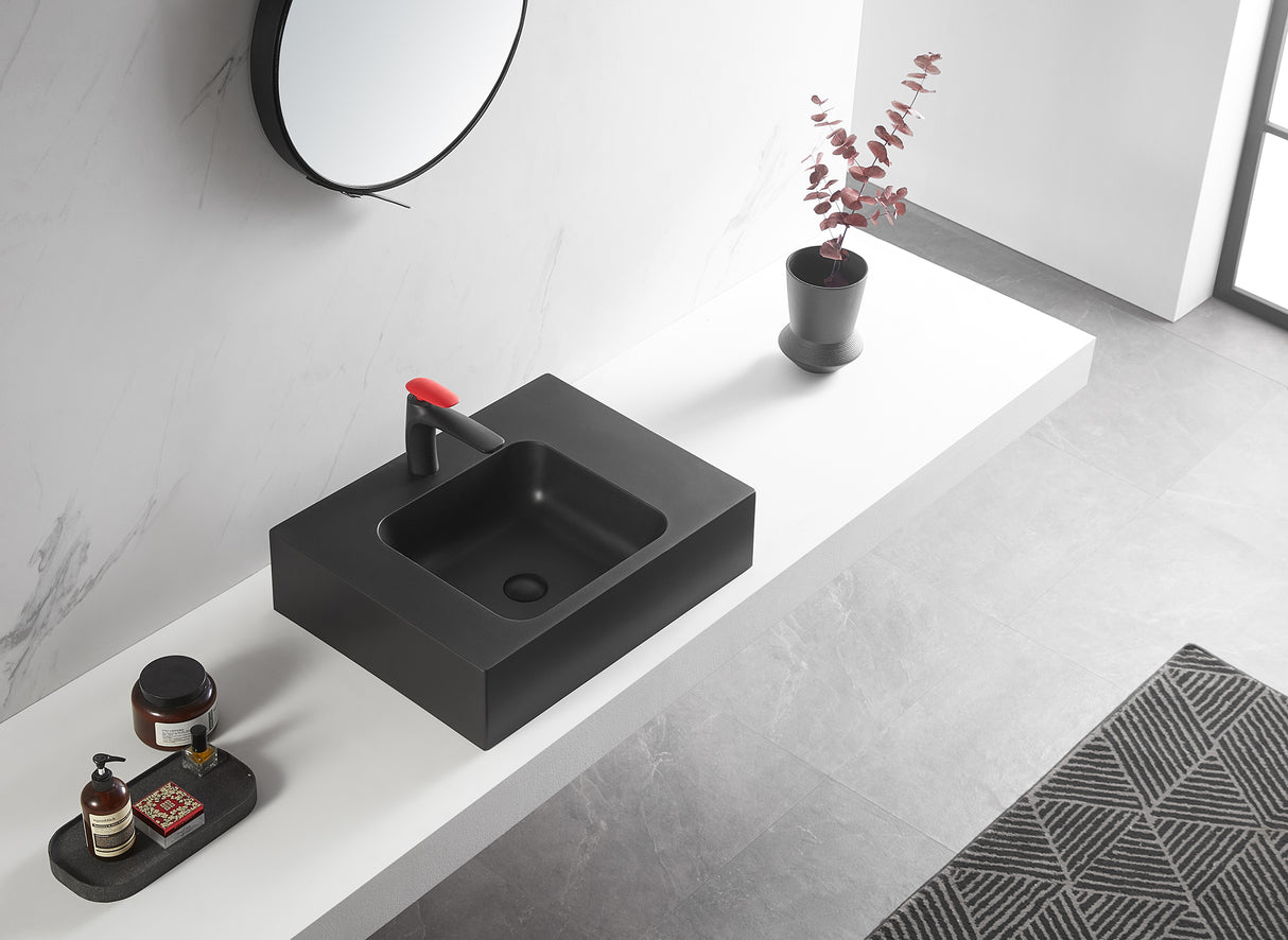 Bathroom Sink, Solid Surface Material, Wall-Mount or Countertop Install, 24" with Single Faucet Hole in Matte Black， SVWS602-26BK