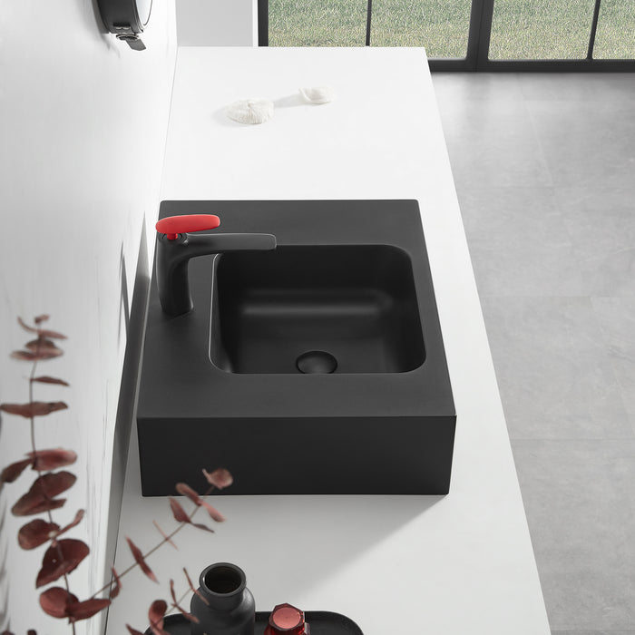Bathroom Sink, Solid Surface Material, Wall-Mount or Countertop Install, 24" with Single Faucet Hole in Matte Black， SVWS602-26BK