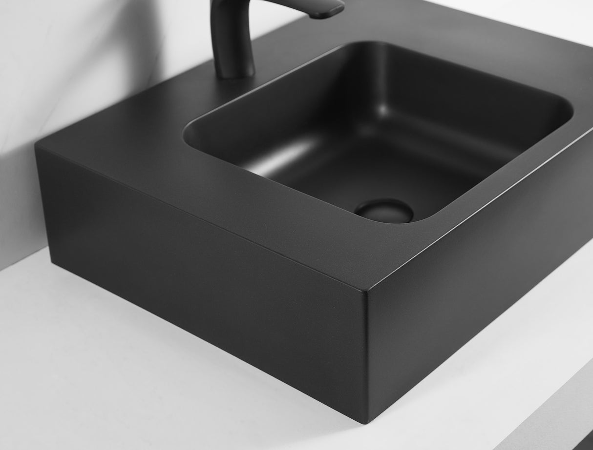 Bathroom Sink, Solid Surface Material, Wall-Mount or Countertop Install, 24" with Single Faucet Hole in Matte Black， SVWS602-26BK