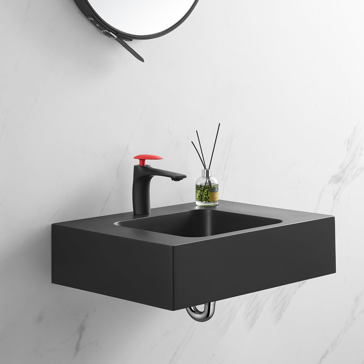 Bathroom Sink, Solid Surface Material, Wall-Mount or Countertop Install, 24" with Single Faucet Hole in Matte Black， SVWS602-26BK