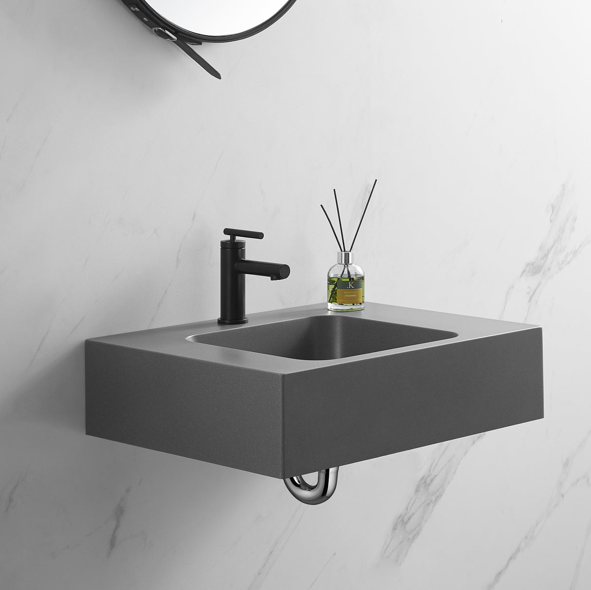 Bathroom Sink, Solid Surface Material, Wall-Mount or Countertop Install, 24" with Single Faucet Hole in Matte Gray， SVWS602-26GR