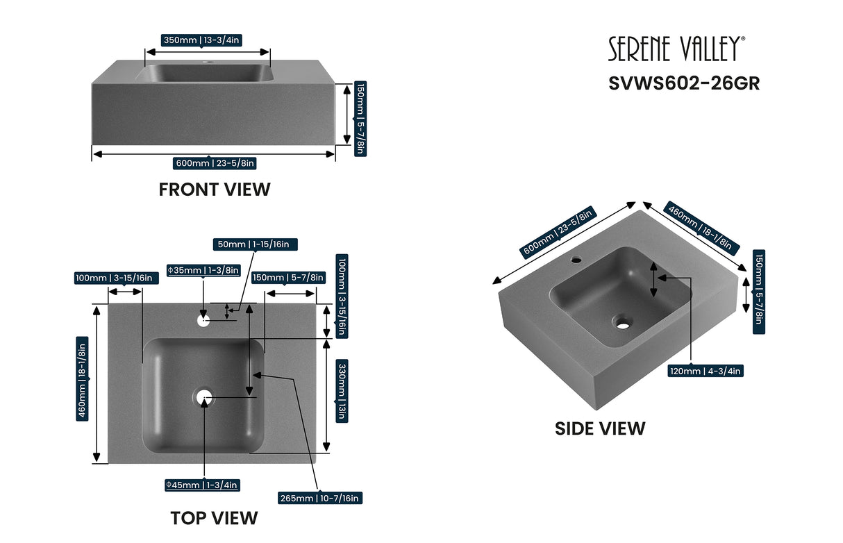 Bathroom Sink, Solid Surface Material, Wall-Mount or Countertop Install, 24" with Single Faucet Hole in Matte Gray， SVWS602-26GR