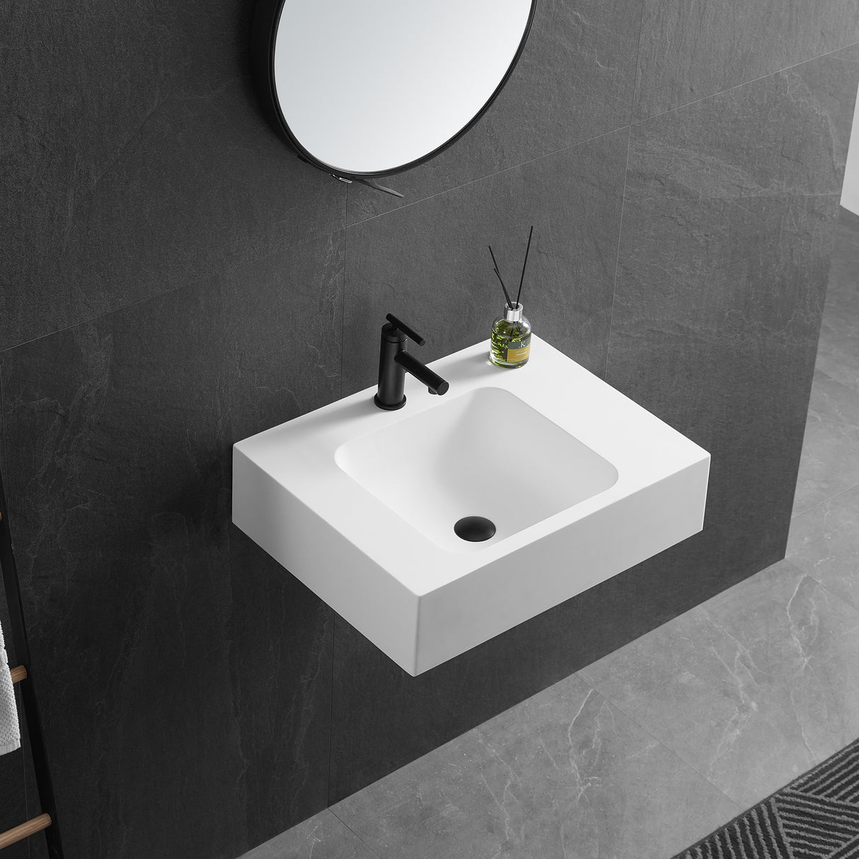 Bathroom Sink, Solid Surface Material, Wall-Mount or Countertop Install, 24" with Single Faucet Hole in Matte White， SVWS602-26WH