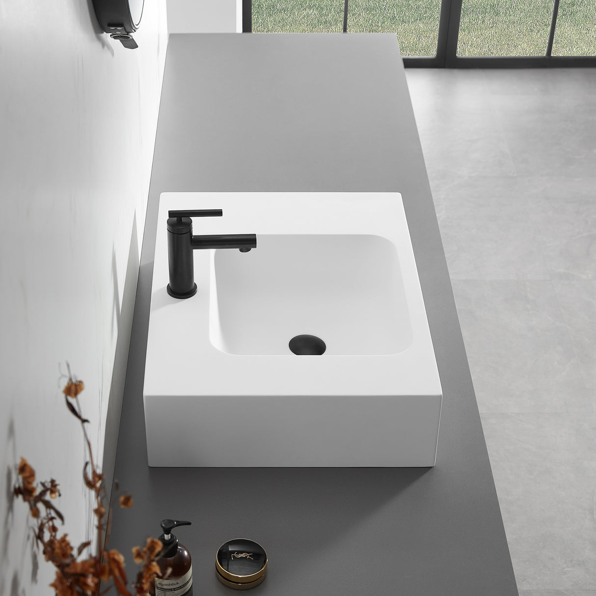 Bathroom Sink, Solid Surface Material, Wall-Mount or Countertop Install, 24" with Single Faucet Hole in Matte White， SVWS602-26WH