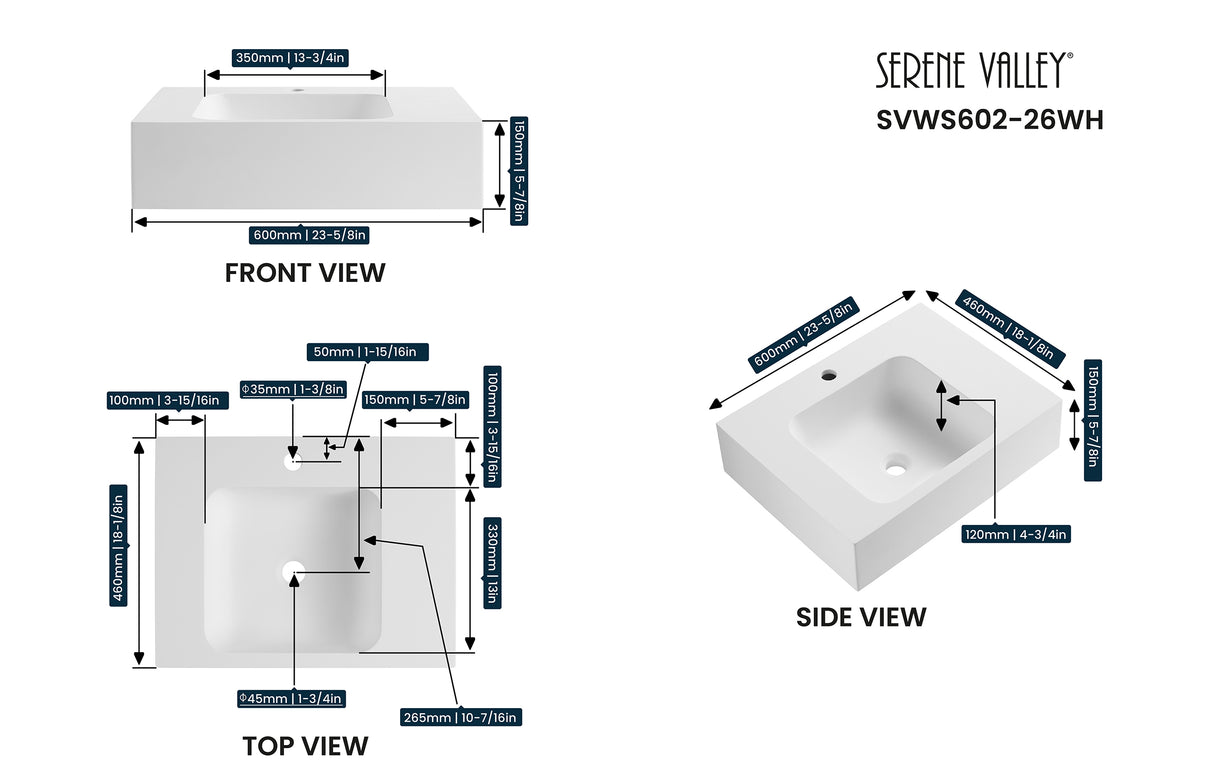 Bathroom Sink, Solid Surface Material, Wall-Mount or Countertop Install, 24" with Single Faucet Hole in Matte White， SVWS602-26WH