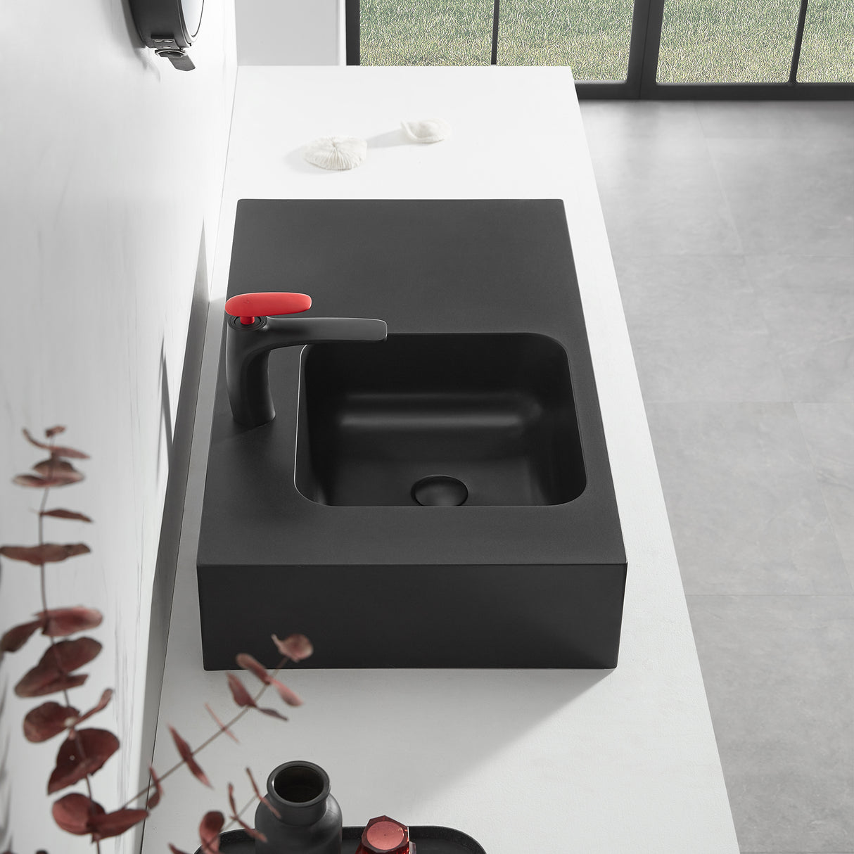 Bathroom Sink, Solid Surface Material, Wall-Mount or Countertop Install, 32" with Single Faucet Hole in Matte Black， SVWS602-32BK