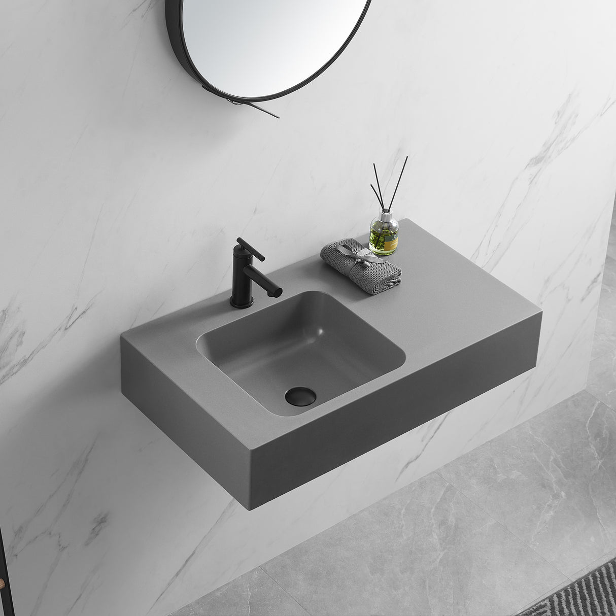 Bathroom Sink, Solid Surface Material, Wall-Mount or Countertop Install, 32" with Single Faucet Hole in Matte Gray， SVWS602-32GR