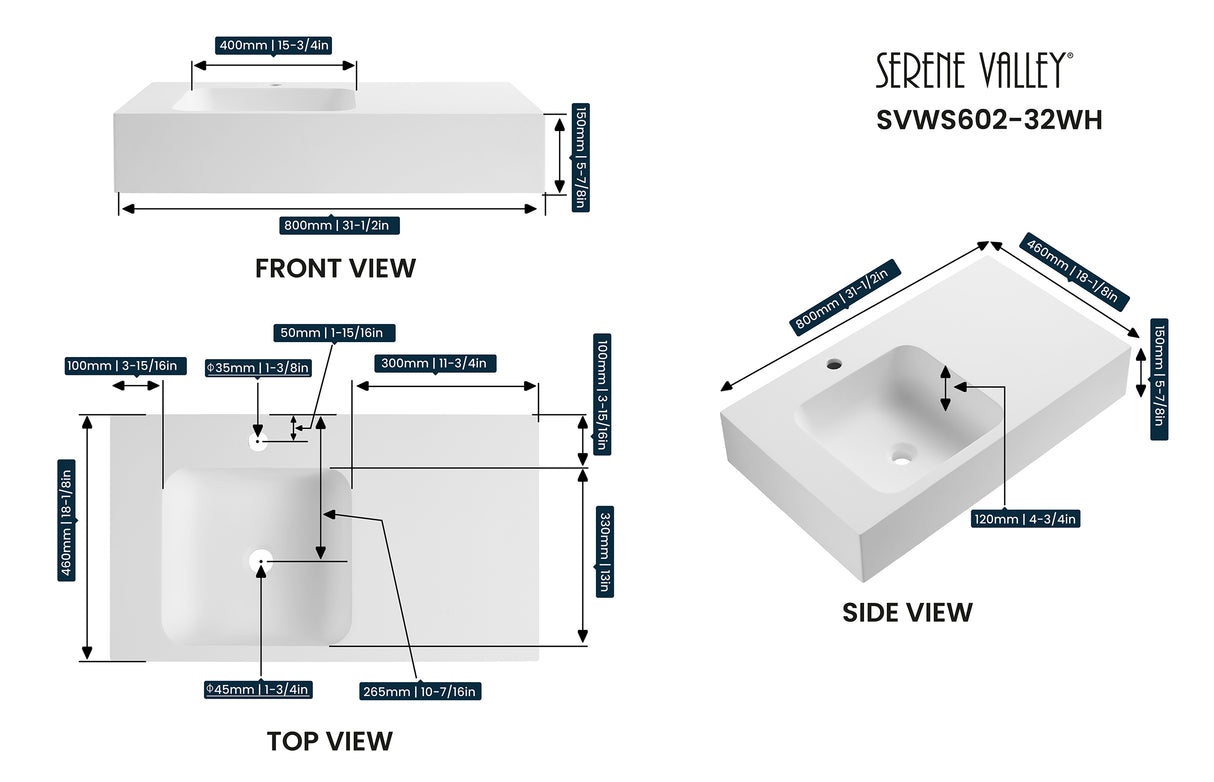 Bathroom Sink, Solid Surface Material, Wall-Mount or Countertop Install, 32" with Single Faucet Hole in Matte White， SVWS602-32WH