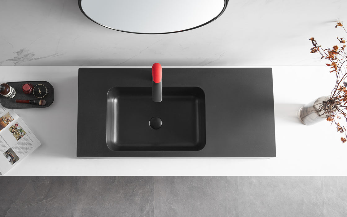 Bathroom Sink, Solid Surface Material, Wall-Mount or Countertop Install, 40" with Single Faucet Hole in Matte Black， SVWS602-40BK