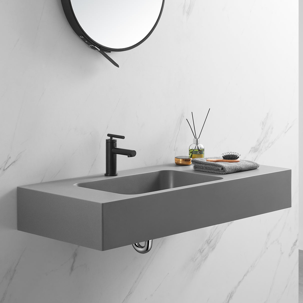 Bathroom Sink, Solid Surface Material, Wall-Mount or Countertop Install, 40" with Single Faucet Hole in Matte Gray， SVWS602-40GR