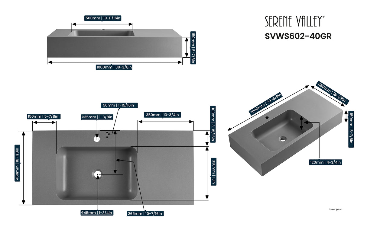 Bathroom Sink, Solid Surface Material, Wall-Mount or Countertop Install, 40" with Single Faucet Hole in Matte Gray， SVWS602-40GR