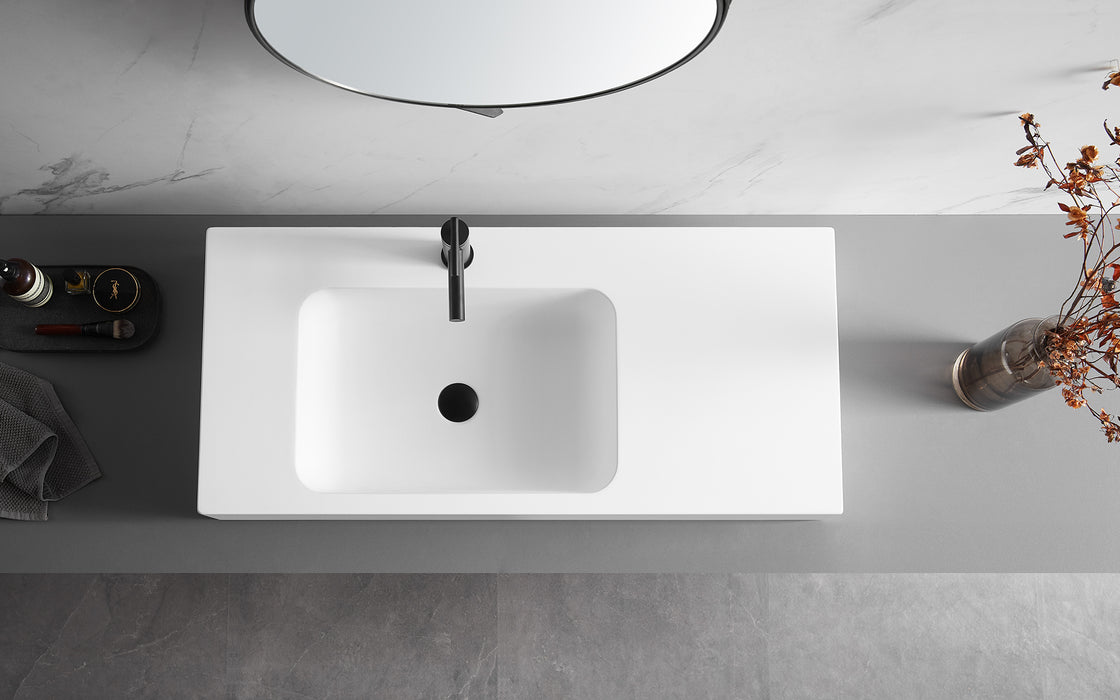 Bathroom Sink, Solid Surface Material, Wall-Mount or Countertop Install, 40" with Single Faucet Hole in Matte White， SVWS602-40WH