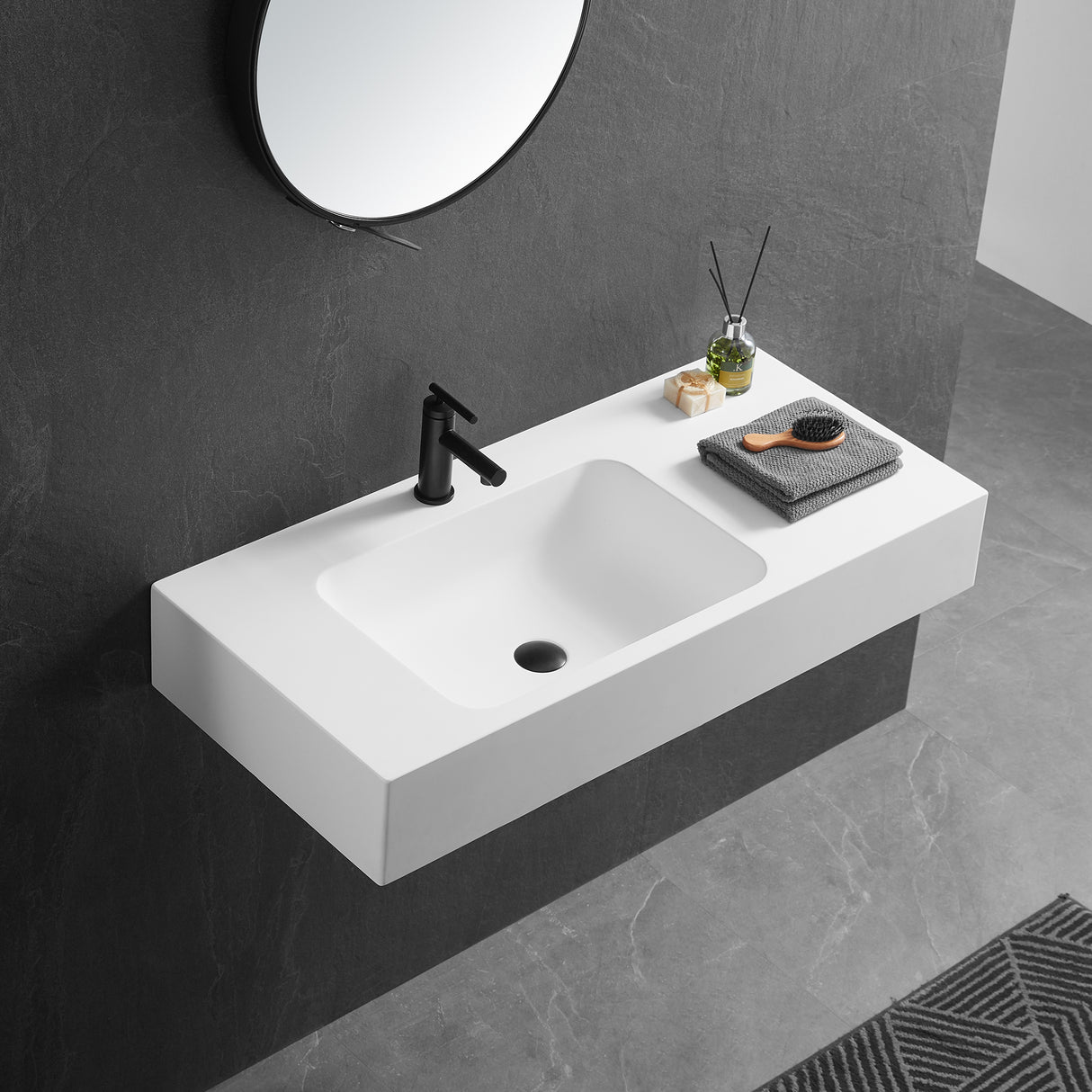 Bathroom Sink, Solid Surface Material, Wall-Mount or Countertop Install, 40" with Single Faucet Hole in Matte White， SVWS602-40WH