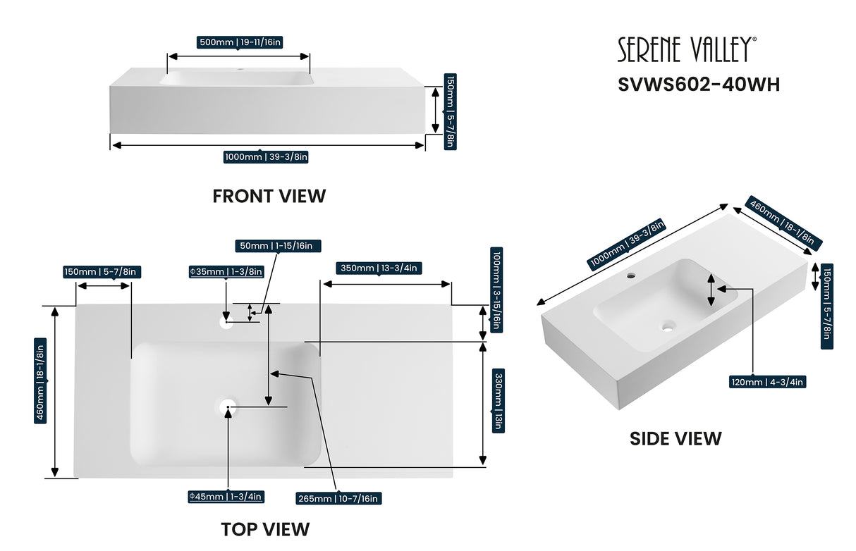 Bathroom Sink, Solid Surface Material, Wall-Mount or Countertop Install, 40" with Single Faucet Hole in Matte White， SVWS602-40WH