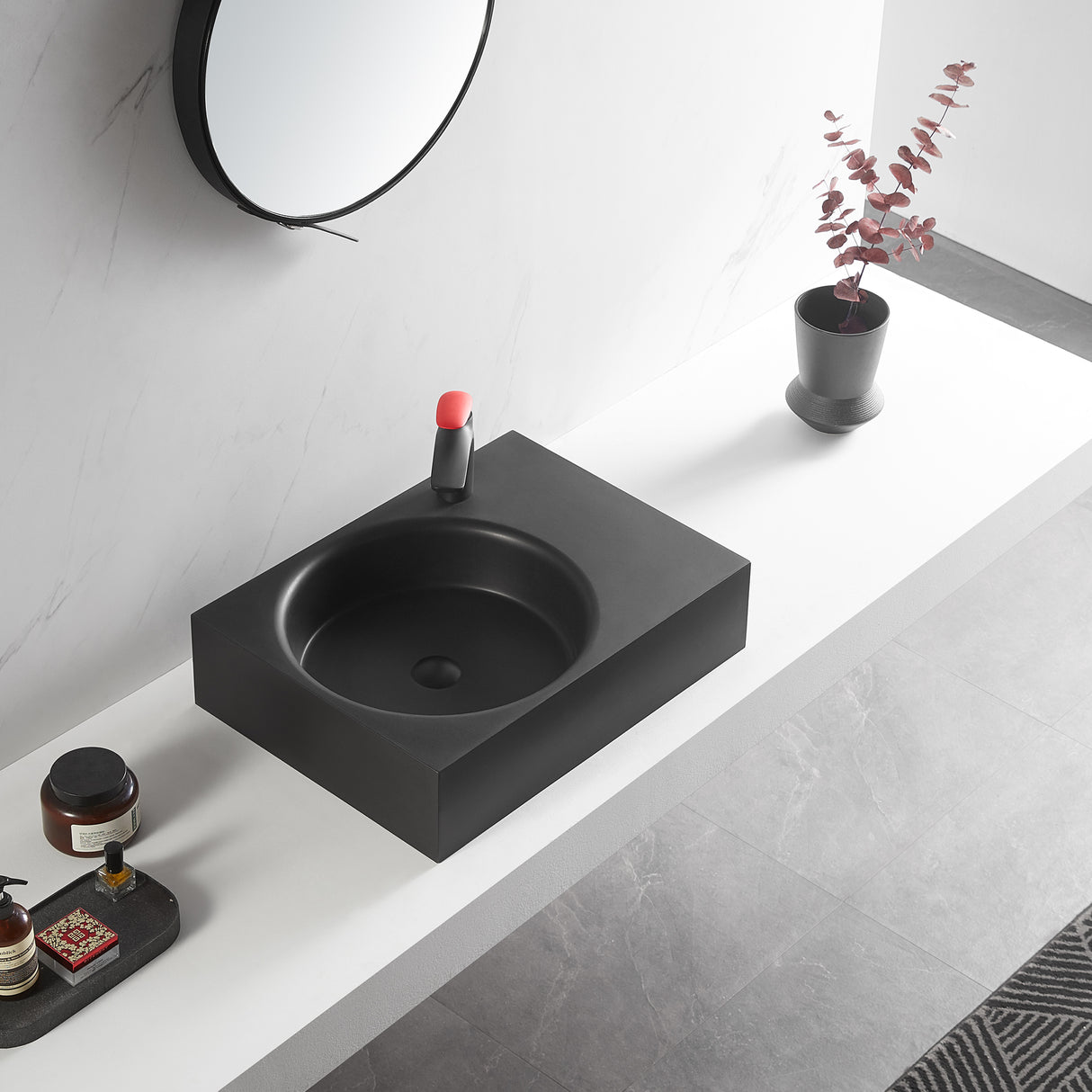 Bathroom Sink, Solid Surface Material, Wall-Mount or Countertop Install, 24" with Single Faucet Hole in Matte Black， SVWS603L-26BK