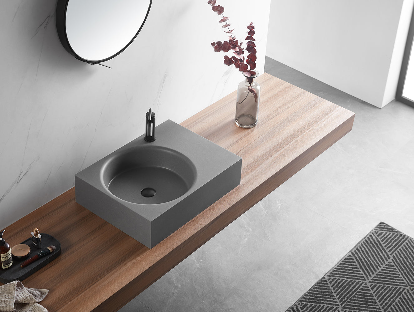 Bathroom Sink, Solid Surface Material, Wall-Mount or Countertop Install, 24" with Single Faucet Hole in Matte Gray， SVWS603L-26GR