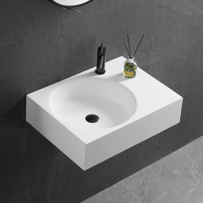 Bathroom Sink, Solid Surface Material, Wall-Mount or Countertop Install, 24" with Single Faucet Hole in Matte White， SVWS603L-26WH