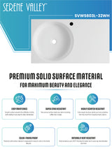 Bathroom Sink, Solid Surface Material, Wall-Mount or Countertop Install, 32" with Single Faucet Hole in Matte White， SVWS603L-32WH