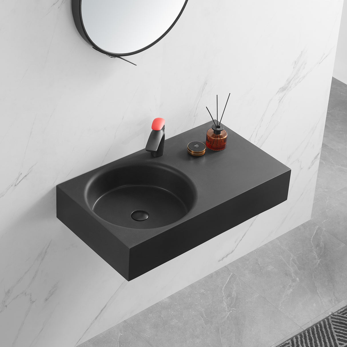 Bathroom Sink, Solid Surface Material, Wall-Mount or Countertop Install, 32" with Single Faucet Hole in Matte Black， SVWS603L-32BK