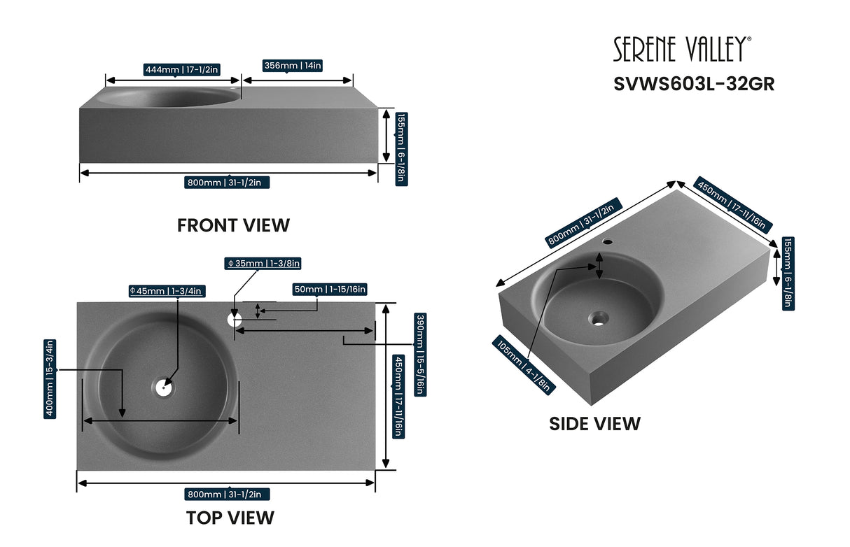 Bathroom Sink, Solid Surface Material, Wall-Mount or Countertop Install, 32" with Single Faucet Hole in Matte Gray， SVWS603L-32GR