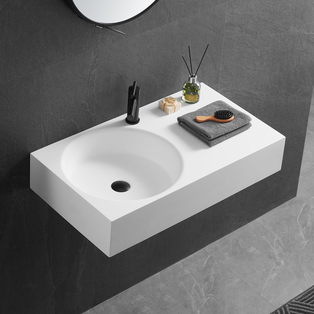 Bathroom Sink, Solid Surface Material, Wall-Mount or Countertop Install, 32" with Single Faucet Hole in Matte White， SVWS603L-32WH