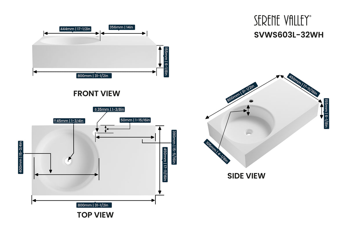 Bathroom Sink, Solid Surface Material, Wall-Mount or Countertop Install, 32" with Single Faucet Hole in Matte White， SVWS603L-32WH