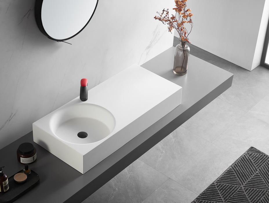 Bathroom Sink, Solid Surface Material, Wall-Mount or Countertop Install, 40" with Single Faucet Hole in Matte White， SVWS603L-40WH