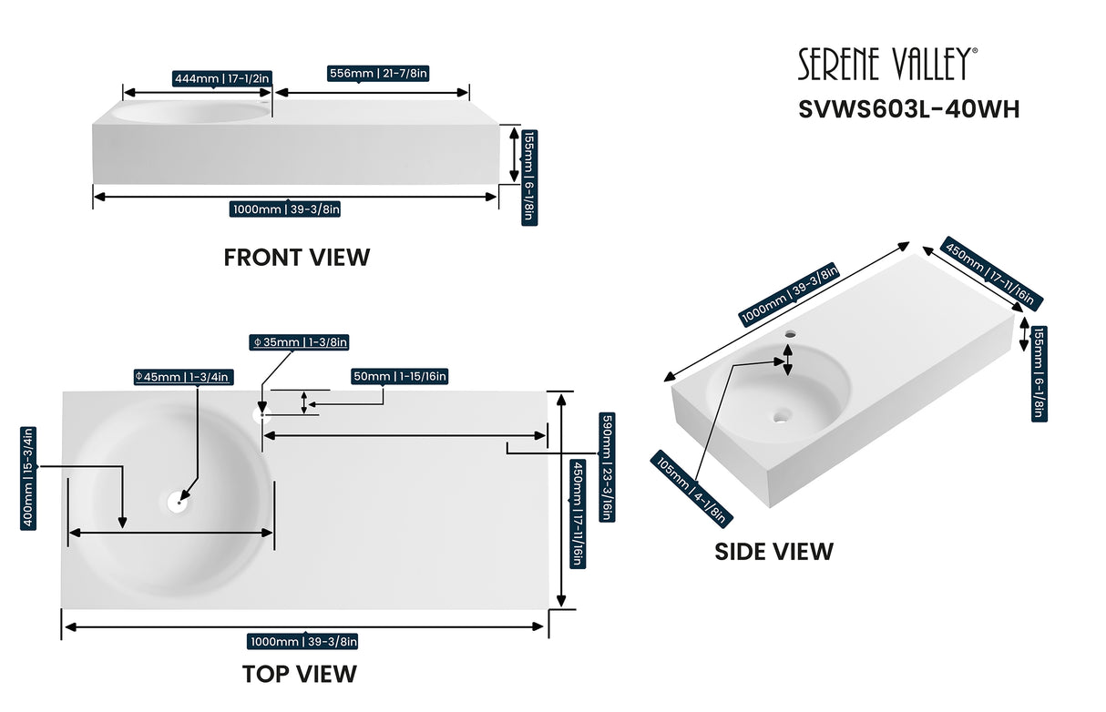 Bathroom Sink, Solid Surface Material, Wall-Mount or Countertop Install, 40" with Single Faucet Hole in Matte White， SVWS603L-40WH