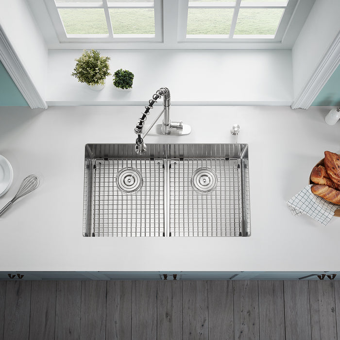 Serene Valley Stainless Steel Kitchen Sink, 33-inch Undermount, Double Bowl with Unique Thin Divider, Heavy-Duty Grids UDG3322R