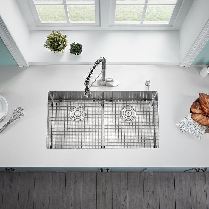 Serene Valley Stainless Steel Kitchen Sink, 36-inch Undermount, Double Bowl with Unique Thin Divider, Heavy-Duty Grids UDG3622R