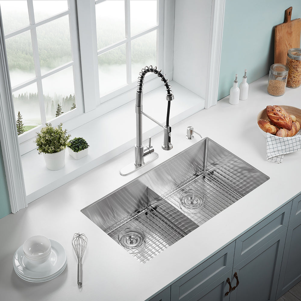 Serene Valley Stainless Steel Kitchen Sink, 36-inch Undermount, Double Bowl with Unique Thin Divider, Heavy-Duty Grids UDG3622R