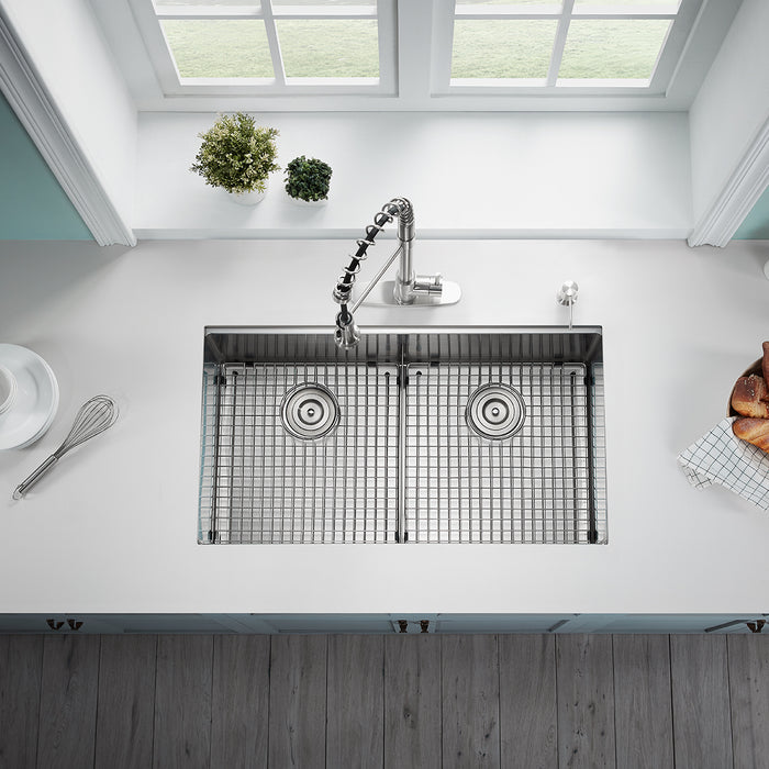Serene Valley Workstation Kitchen Sink, 36-inch Double-Bowl Undermount, Cutting Board, Unique Thin Divider and Heavy-Duty Grids UDWG3622R
