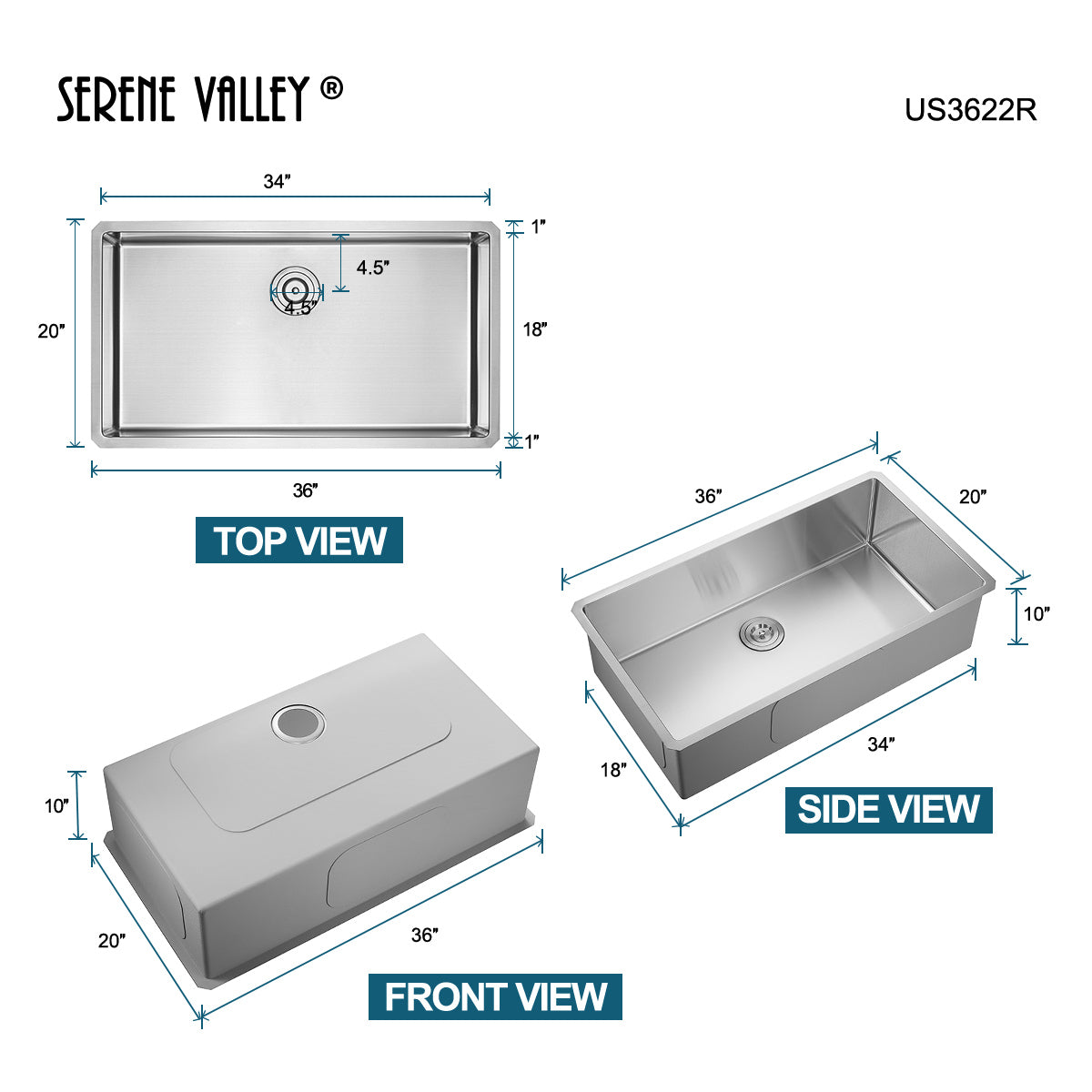 Serene Valley Stainless Steel Kitchen Sink, 36-inch Single-Bowl Undermount with No Groove Bottom, Heavy-Duty Grid US3622R